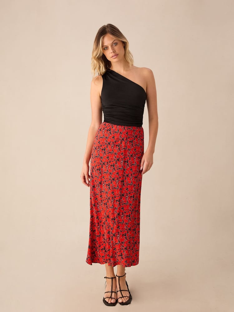 Ro&Zo Red Blurred Flroal Print Bias Cut Maxi Skirt - Image 1 of 3