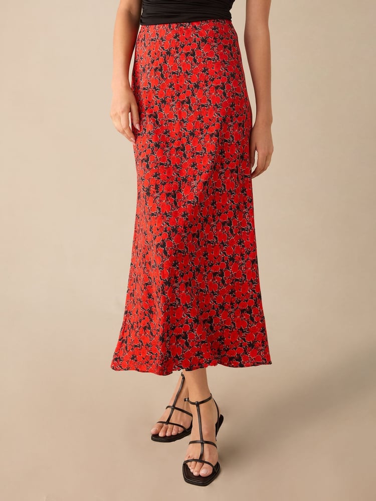 Ro&Zo Red Blurred Flroal Print Bias Cut Maxi Skirt - Image 2 of 3