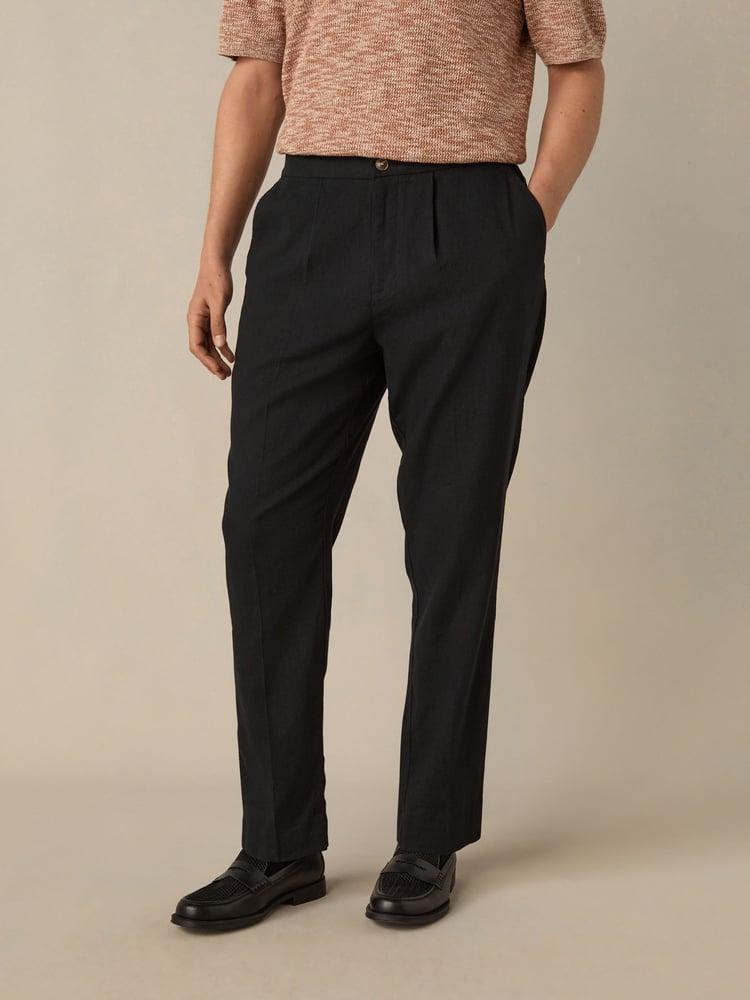Black Regular Fit Cotton Linen Blend Elasticated Back Trousers - Image 1 of 11