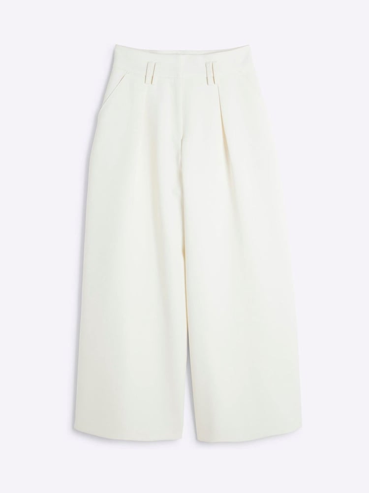 River Island Cream Petite Tailored Wide Leg Trousers - Image 1 of 2 River Island Cream Petite Tailored Wide Leg Trousers - Image 1 of 2