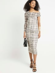 River Island Black/White Mesh Asymmetric Bodycon Black/White Midi Dress - Image 1 of 4