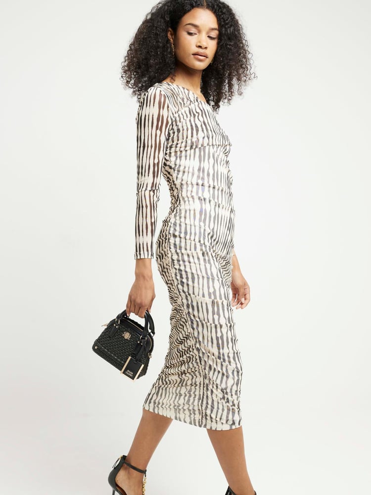 River Island Black/White Mesh Asymmetric Bodycon Black/White Midi Dress - Image 2 of 4