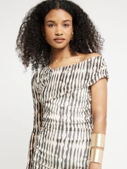 River Island Black/White Mesh Asymmetric Bodycon Black/White Midi Dress - Image 3 of 4
