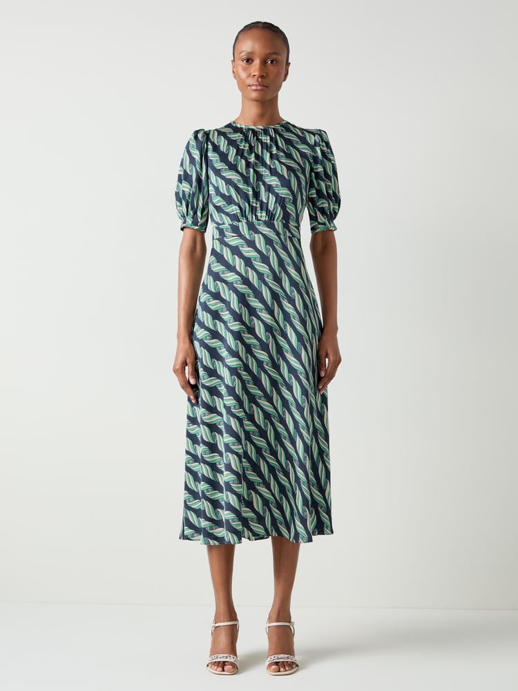 LK Bennett Blue Jem Spring Vy Multi Ribbon Print Satin Dress - Image 1 of 3