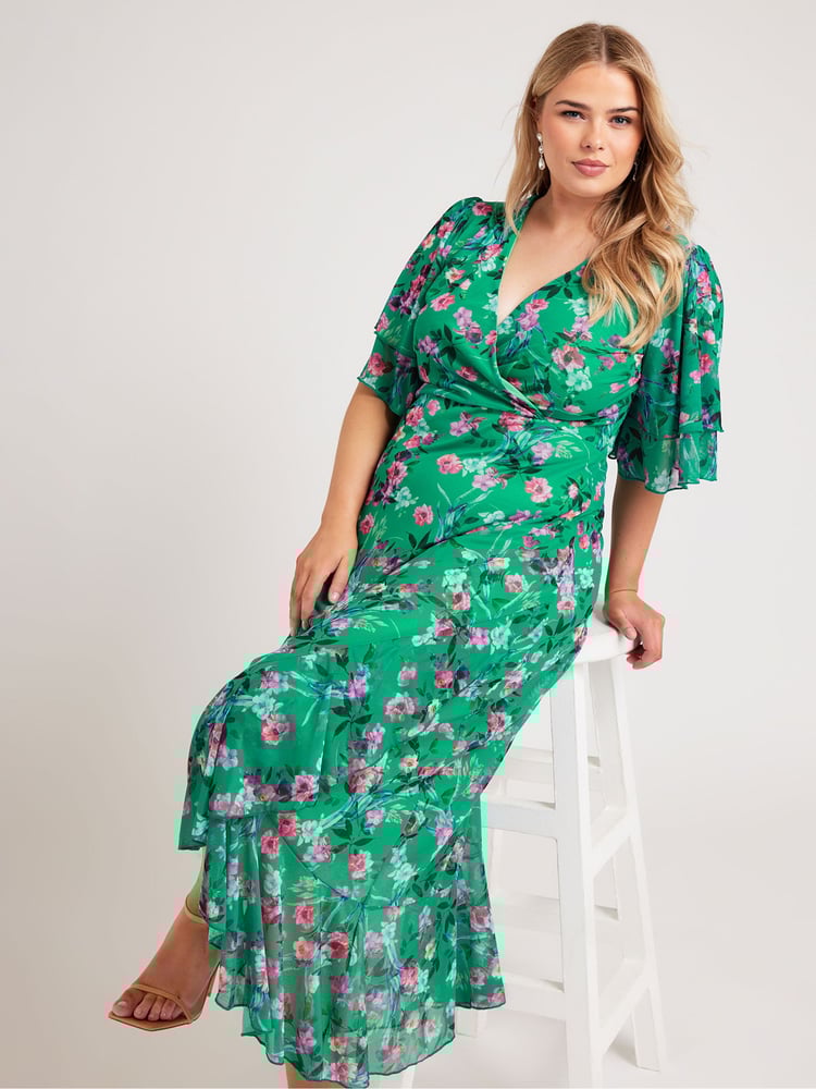 Yours Curve Green London Ruffle Wrap Mesh Dress - Image 1 of 5
