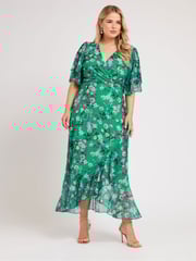 Yours Curve Green London Ruffle Wrap Mesh Dress - Image 2 of 5