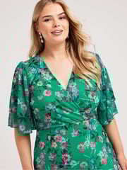 Yours Curve Green London Ruffle Wrap Mesh Dress - Image 3 of 5