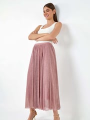 Roman Pink A-Line Shimmer Stretch Midi Skirt - Image 1 of 5