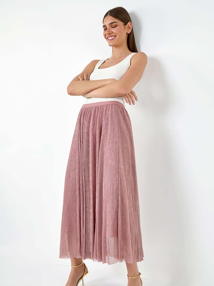 Roman Pink A-Line Shimmer Stretch Midi Skirt - Image 1 of 5
