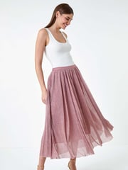 Roman Pink A-Line Shimmer Stretch Midi Skirt - Image 2 of 5