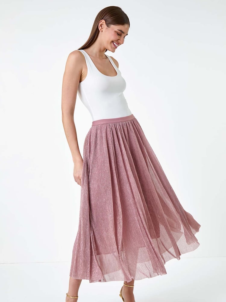 Roman Pink A-Line Shimmer Stretch Midi Skirt - Image 2 of 5