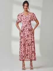 Jolie Moi Pink Gracelyn Wrap Front Mesh Maxi Dress - Image 1 of 7