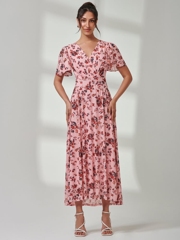 Jolie Moi Pink Gracelyn Wrap Front Mesh Maxi Dress - Image 1 of 7