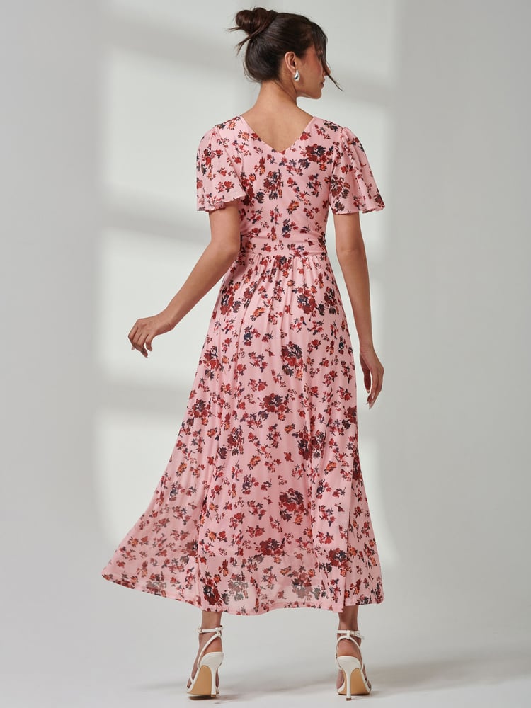 Jolie Moi Pink Gracelyn Wrap Front Mesh Maxi Dress - Image 2 of 7