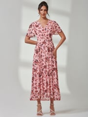 Jolie Moi Pink Gracelyn Wrap Front Mesh Maxi Dress - Image 4 of 7