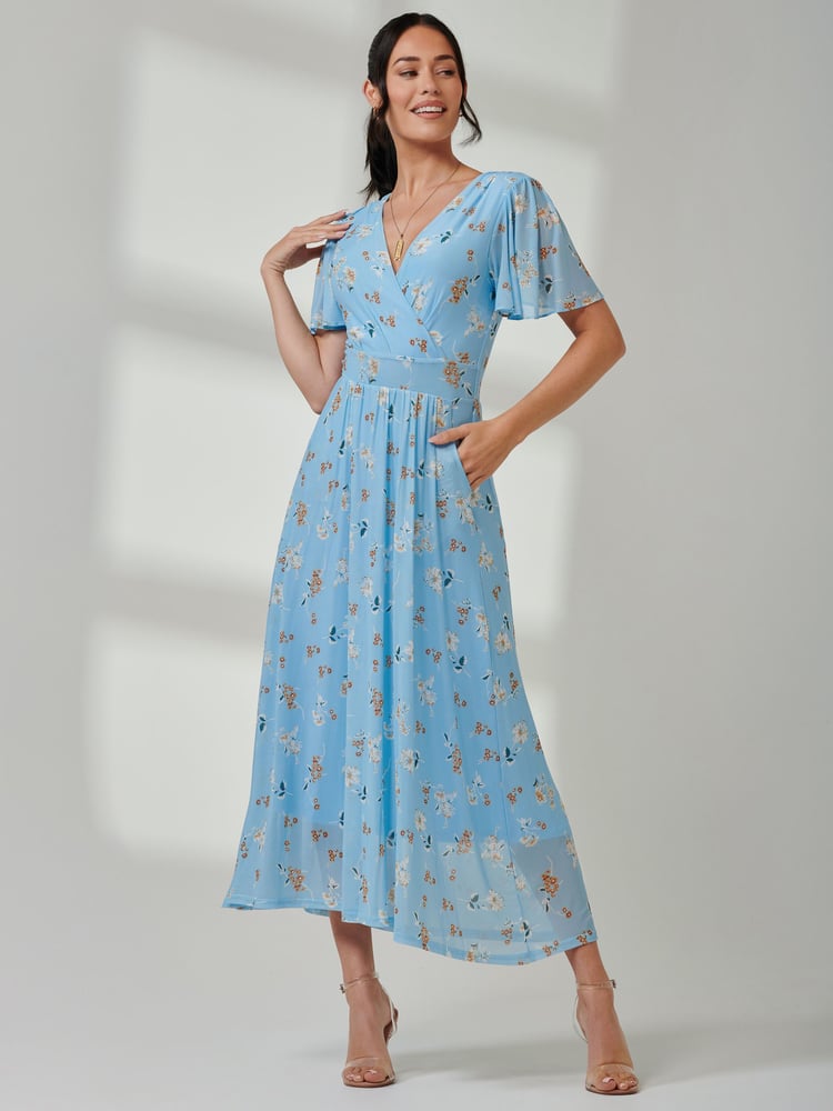 Jolie Moi Blue Gracelyn Wrap Front Mesh Maxi Dress - Image 1 of 7