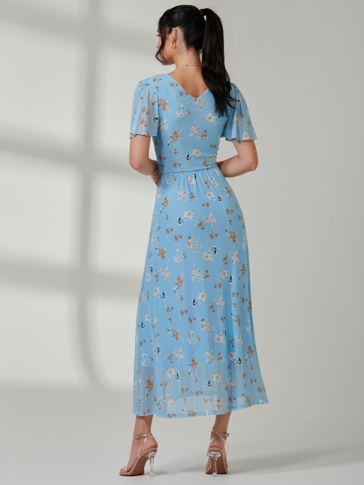 Jolie Moi Blue Gracelyn Wrap Front Mesh Maxi Dress - Image 2 of 7