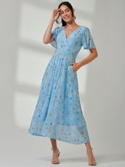 Jolie Moi Blue Gracelyn Wrap Front Mesh Maxi Dress - Image 6 of 7