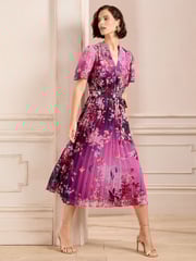 Love & Roses Pink Petite V Neck Pleated Midi Dress - Image 1 of 5