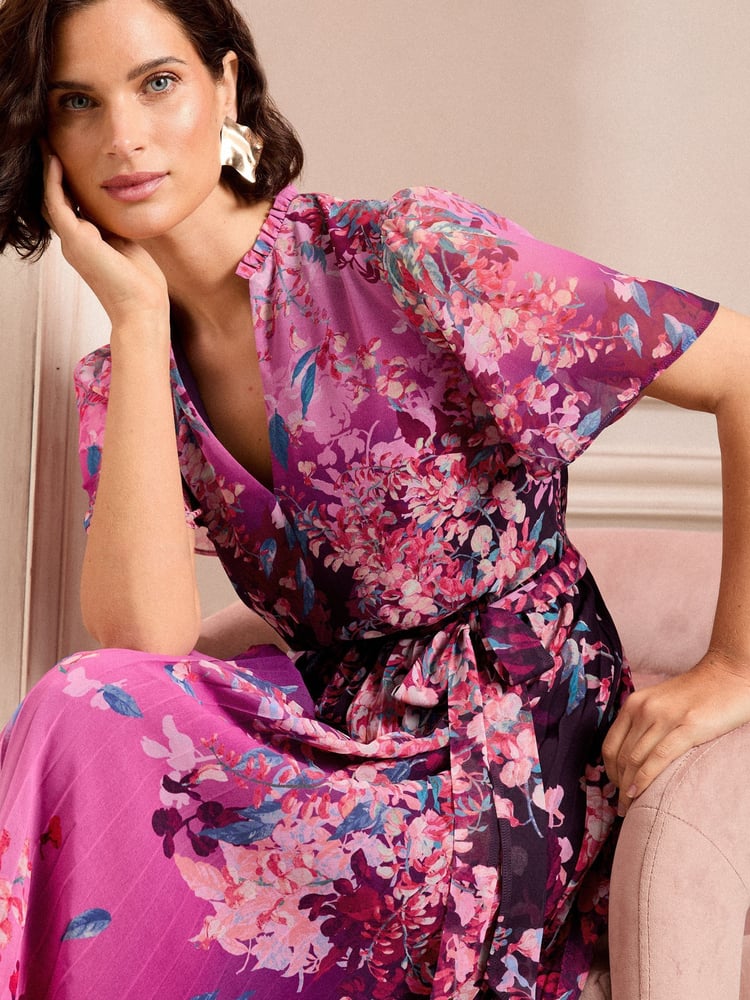 Love & Roses Pink Petite V Neck Pleated Midi Dress - Image 2 of 5