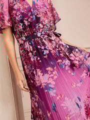Love & Roses Pink Petite V Neck Pleated Midi Dress - Image 4 of 5
