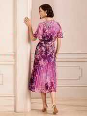 Love & Roses Pink Petite V Neck Pleated Midi Dress - Image 5 of 5