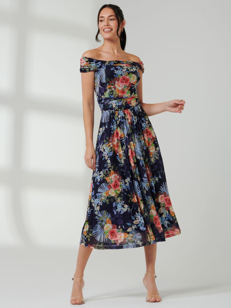 Jolie Moi Blue Bardot Twist Detail Midi Dress - Image 1 of 6