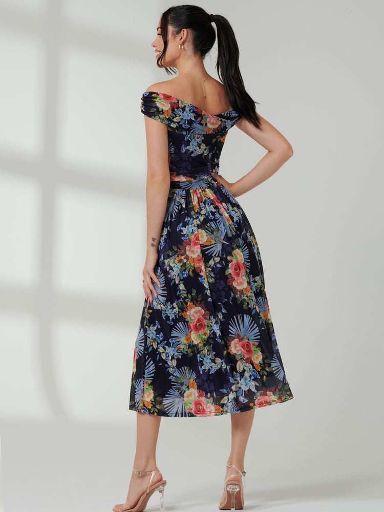 Jolie Moi Blue Bardot Twist Detail Midi Dress - Image 2 of 6