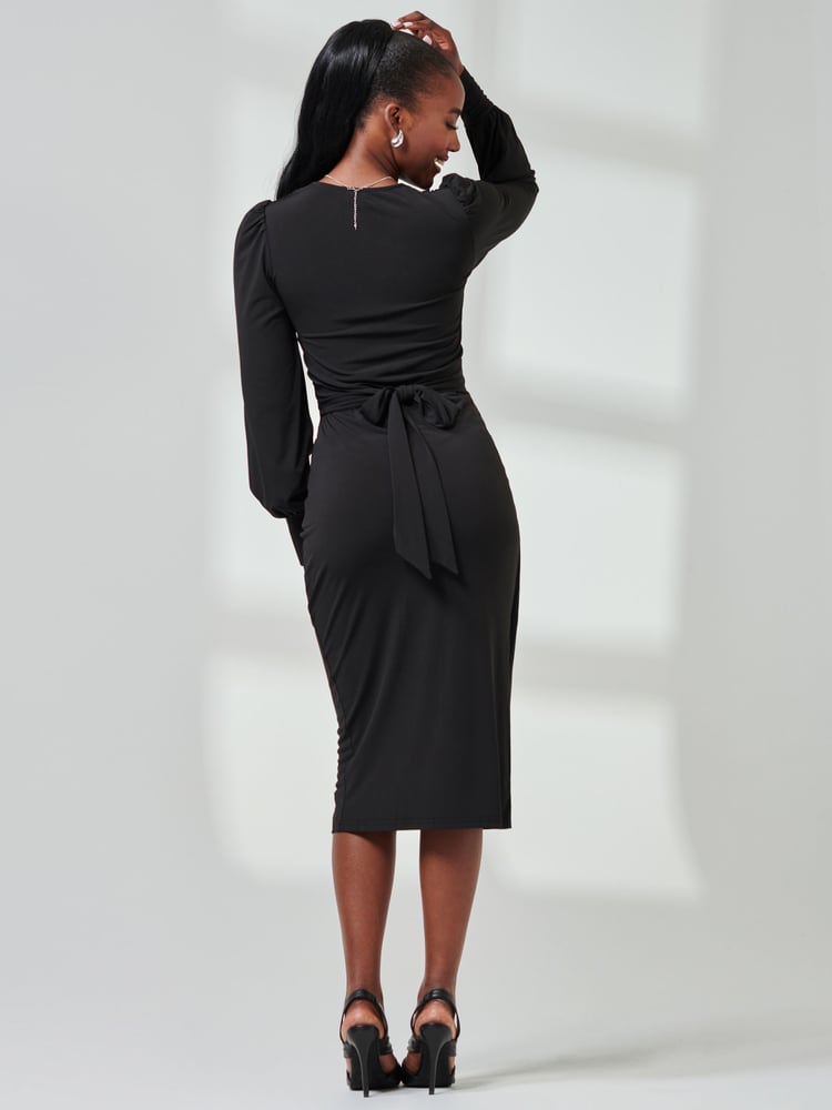 Jolie Moi Black Jersey Wrap Slit Pencil Dress - Image 2 of 6