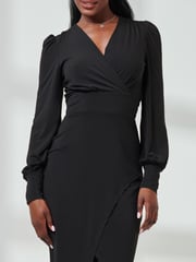 Jolie Moi Black Jersey Wrap Slit Pencil Dress - Image 3 of 6