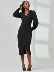 Jolie Moi Black Jersey Wrap Slit Pencil Dress - Image 5 of 6