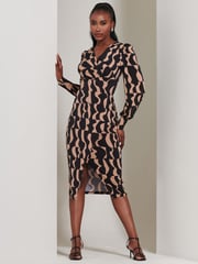 Jolie Moi Brown Jersey Wrap Slit Pencil Dress - Image 1 of 6