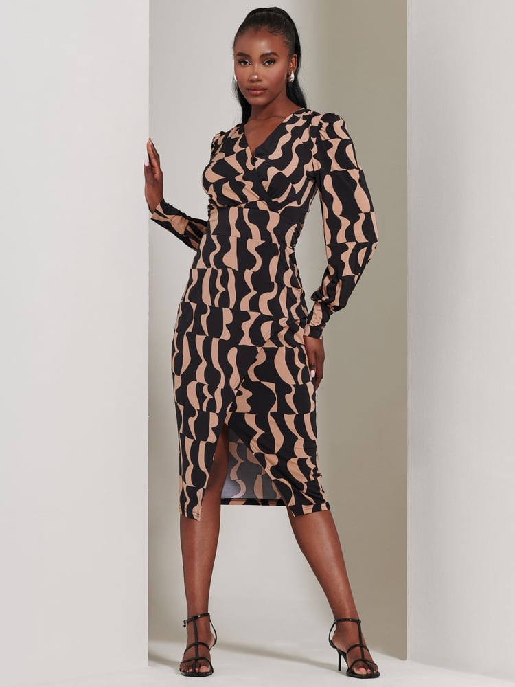 Jolie Moi Brown Jersey Wrap Slit Pencil Dress - Image 1 of 6
