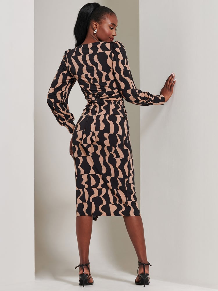 Jolie Moi Brown Jersey Wrap Slit Pencil Dress - Image 2 of 6