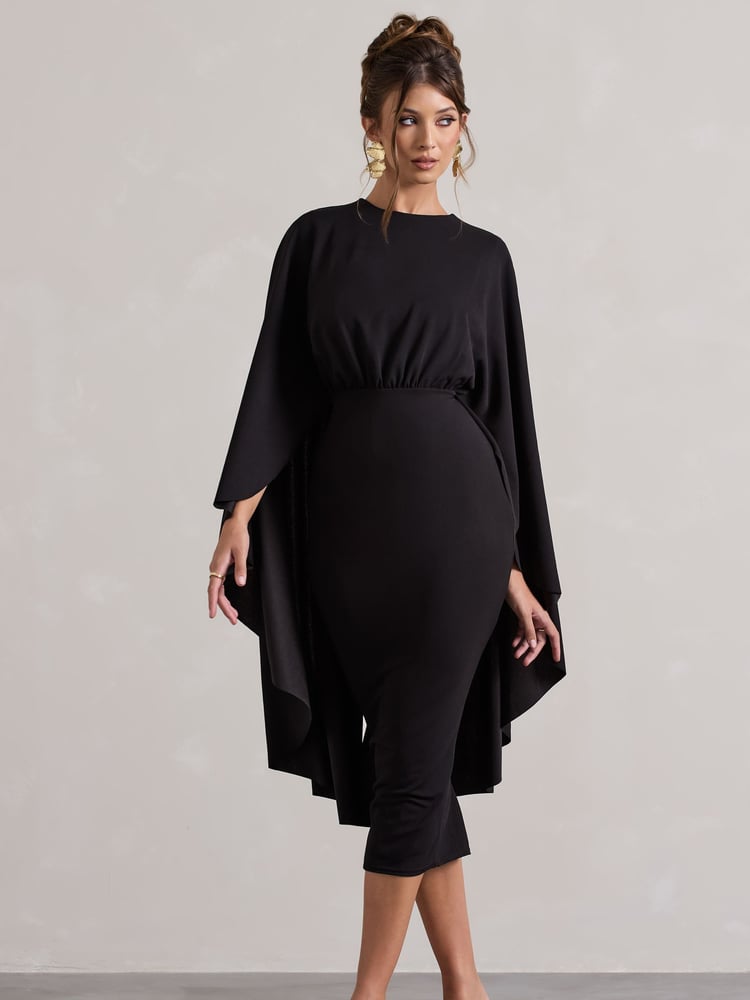 Club L London Black Tranquility Gathered Midi Dress With Cape - Image 1 of 6