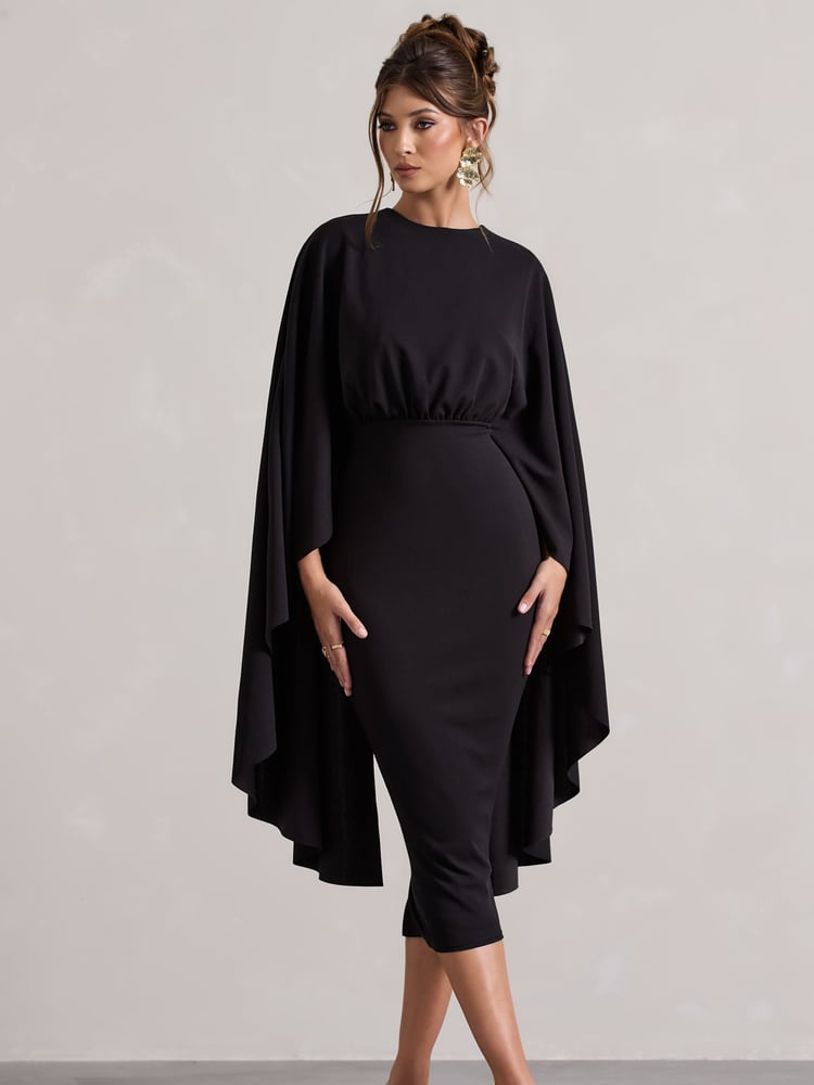 Club L London Black Tranquility Gathered Midi Dress With Cape - Image 6 of 6