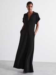 Reiss Black Alexandra Atelier Polo Collar Jersey Maxi Dress - Image 1 of 6