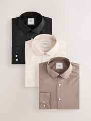 Neutral/Ecru/Black Slim Fit Easy Care Textured Single Cuff Smart Shirts 3 Pack - Image 1 of 13