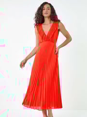 Dusk Orange Pleated Tie Back Fit and Flare Midi Dress - Image 1 of 5