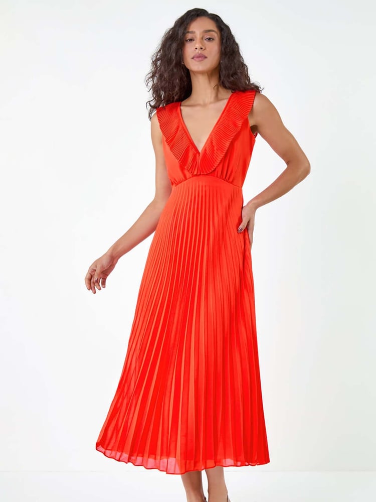 Dusk Orange Pleated Tie Back Fit and Flare Midi Dress - Image 1 of 5
