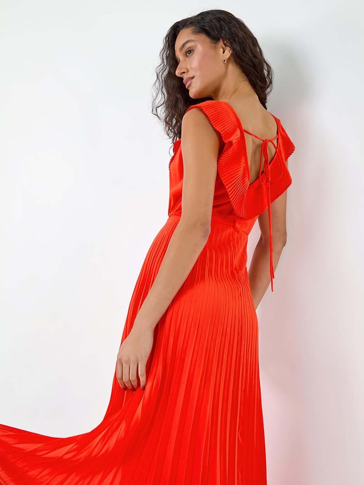 Dusk Orange Pleated Tie Back Fit and Flare Midi Dress - Image 2 of 5
