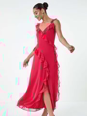 Dusk Pink Asymmetric Frill Detail Maxi Dress - Image 1 of 5