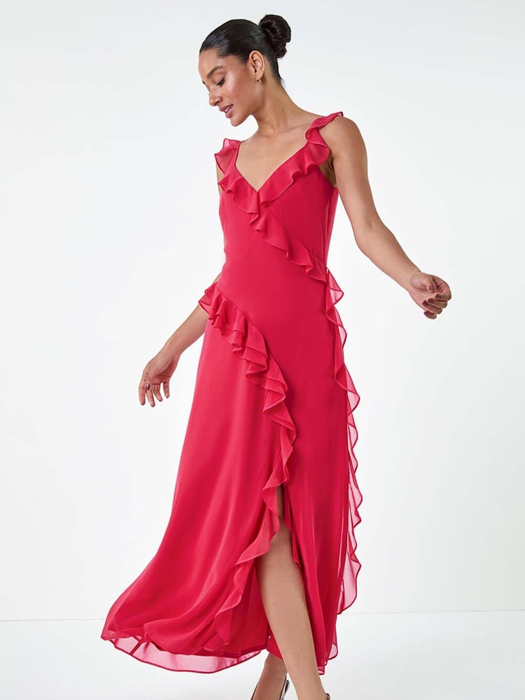 Dusk Pink Asymmetric Frill Detail Maxi Dress - Image 1 of 5