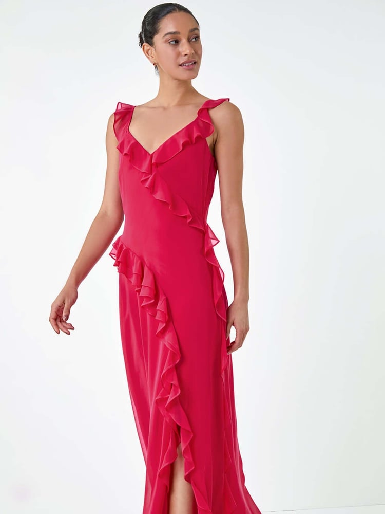 Dusk Pink Asymmetric Frill Detail Maxi Dress - Image 2 of 5