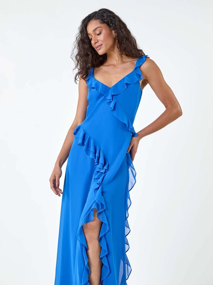 Dusk Blue Asymmetric Frill Detail Maxi Dress - Image 2 of 5