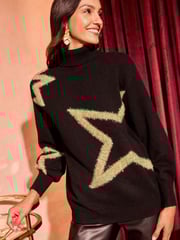 Love & Roses Christmas Tinsel Black Gold Stard Cosy Crew Neck Longline Jumper - Image 1 of 4