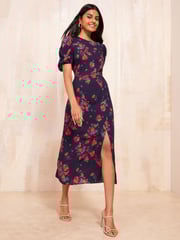Friends Like These Navy Blue Ruched Short Sleeve Midi Dress - Image 3 of 4