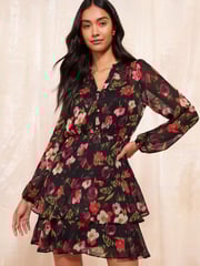 Friends Like These Black Petite Long Sleeve Printed Chiffon Mini Dress - Image 1 of 3