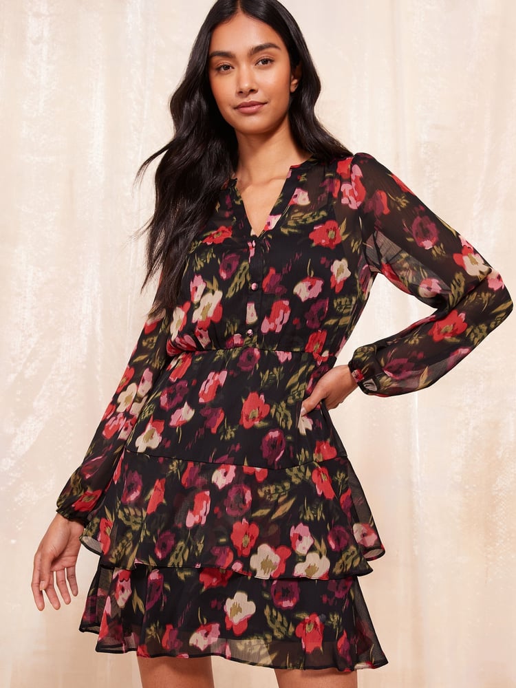Friends Like These Black Petite Long Sleeve Printed Chiffon Mini Dress - Image 1 of 3