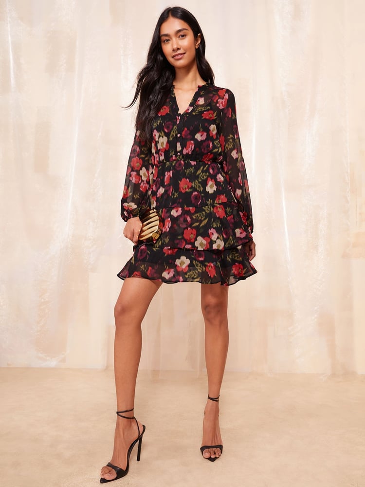 Friends Like These Black Petite Long Sleeve Printed Chiffon Mini Dress - Image 2 of 3
